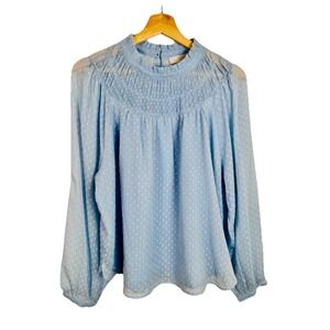 LOFT Sz Large Light Blue Swiss Dot High Neck Blouse Lined Sheer Long Sleeve